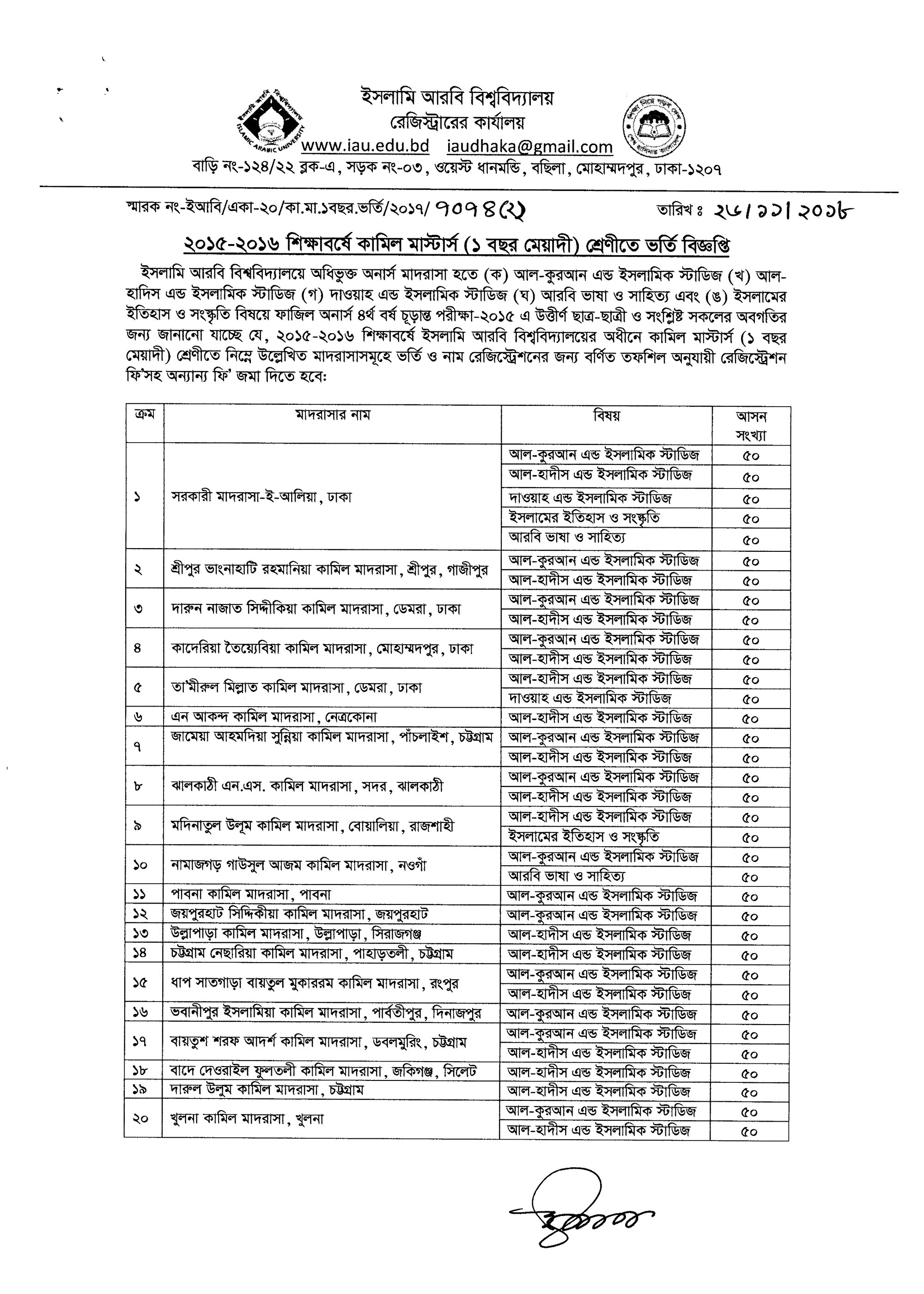 কামিল মাস্টার্স (১ বছর মেয়াদী) শ্রেণীতে ভর্তি বিজ্ঞপ্তি