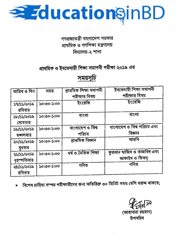 প্রাথমিক ও ইবতেদায়ী শিক্ষা সমাপনী পরীক্ষার সময়সূচি